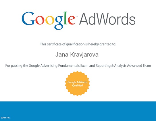 Jana Kravjarova is Adwords qualified - Reporting and analysis